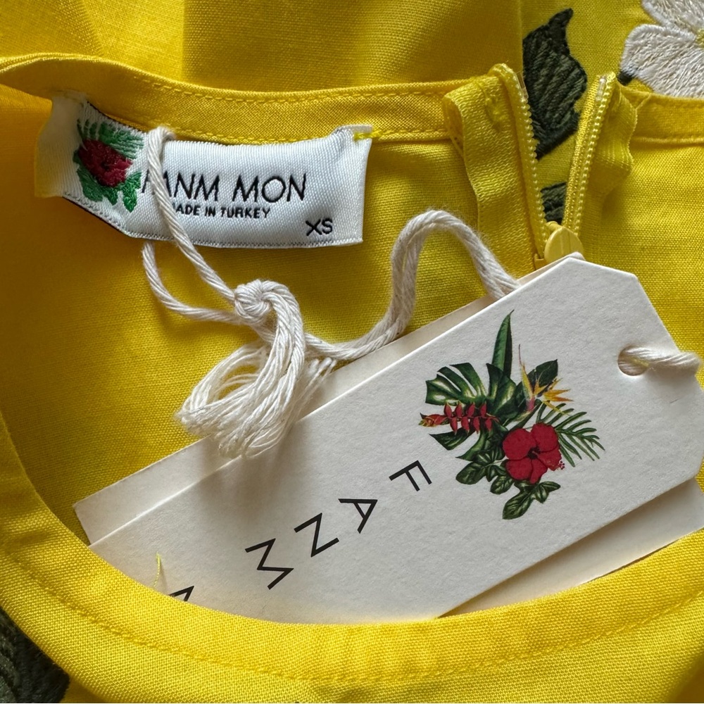 Fanm Mon Gloriosa Dress Sz XS Yellow Floral Embroidered Short Sleeve A-Line NWT - Picture 11 of 13